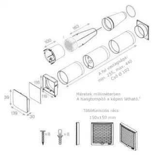 Vilpe WIVE-100 légbevezető termosztáttal, fekete színű kültéri védőráccsal
